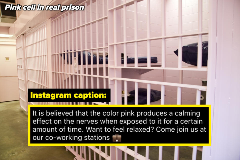 real prison with pink walls and the instagram caption from the apartments saying: "it's believed that the color pink produces a calming effect"
