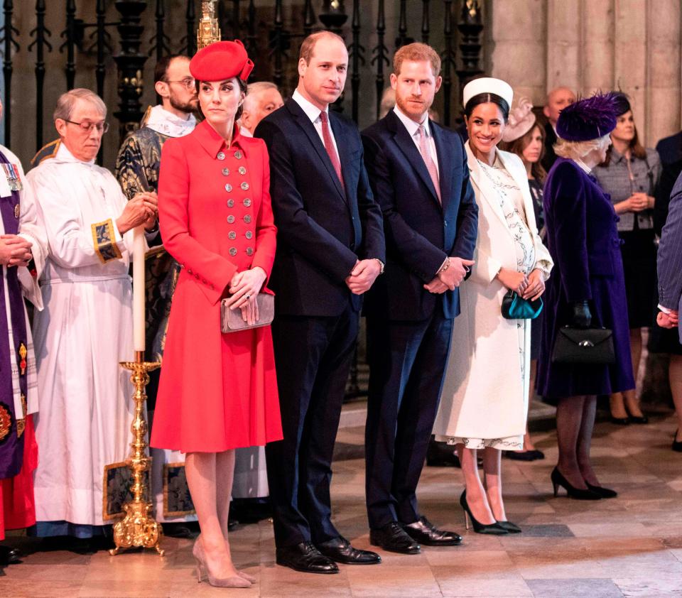 Duchess Kate of Cambridge, Prince William, Prince Harry, and Duchess Meghan of Sussex at the Commonwealth Day service at Westminster Abbey in London on March 11, 2019.