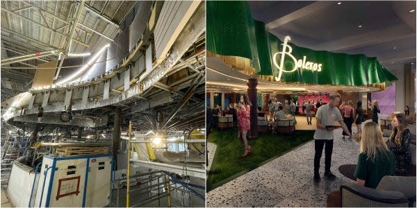 A collage of Royal Caribbean's Icon of the Seas Royal Promenade with bars and Royal Caribbean’s rendering of the space.