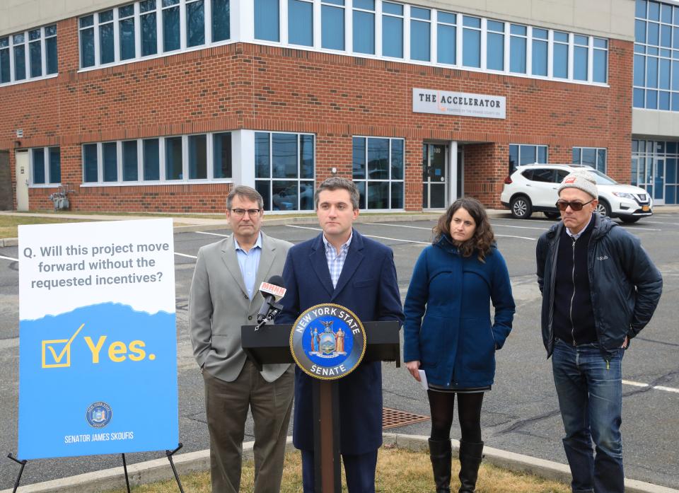 New York State Senator James Skoufis speaks during a press conference about initiating a probe into the Orange County Industrial Development Agency on February 22, 2023. Skoufis is joined by, from left, Ron Deutsch from New Yorkers for Fiscal Fairness, Elizabeth Marcello from Reinvent Albany and Michael Kink from Strong Economy for All.