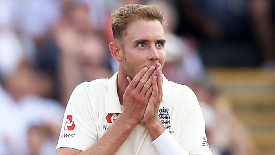 England's Stuart Broad places his hands over his mouth to celebrate taking a wicket in the Ashes.