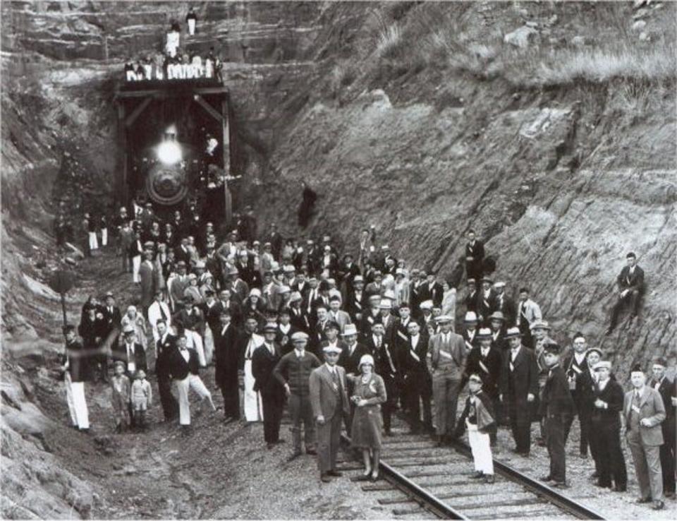 Possibly the first steam engine train to pass through Clarity Tunnel, circa 1928.