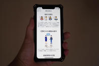 The smartphone screen, seen in Yokohama, Japan, shows a trial version of the COVID-19 Contact Confirming Application, or COCOA, released Friday, June 19, 2020, by the Ministry of Health, Labor and Welfare. The notice explains how to record the history of the user’s contacts. The coronavirus tracing app is designed to alert users if they come in contact with someone tested positive for the coronavirus. Once installed, the app logs data via Bluetooth from phones that stay in close proximity for over 15 minutes. (AP Photo)