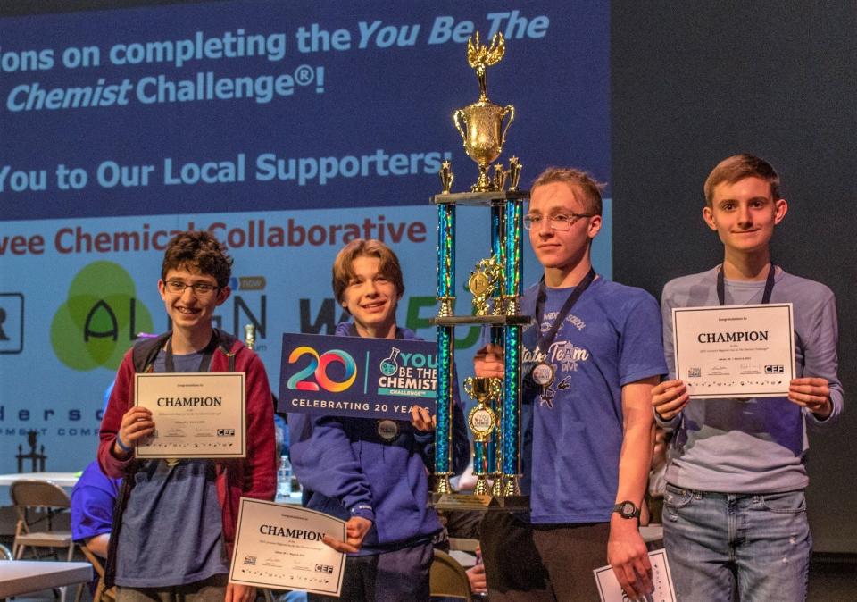 Springbrook Middle School's team of, in no particular order, Ian Baker, Carter Fenner, Edward Hedrick and Riley Kirkpatrick, claimed first place in the "You Be the Chemist" student-science chemistry challenge and are pictured with their trophy.