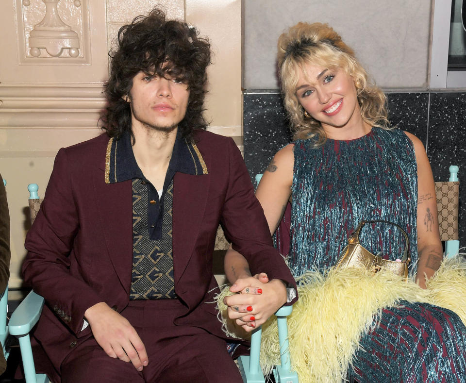 Maxx Morando and Miley Cyrus at the front row for Gucci Love Parade on Hollywood Blvd on November 2, 2021 in Los Angeles. (Michael Buckner / Penske Media via Getty Images)