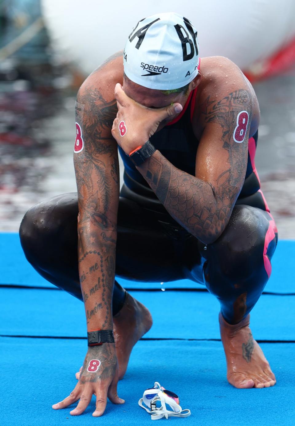 <p>Gold medalist Ana Marcela Cunha of Team Brazil sheds tears after winning gold in the Women's 10km Marathon Swimming at Odaiba Marine Park on August 4.</p>