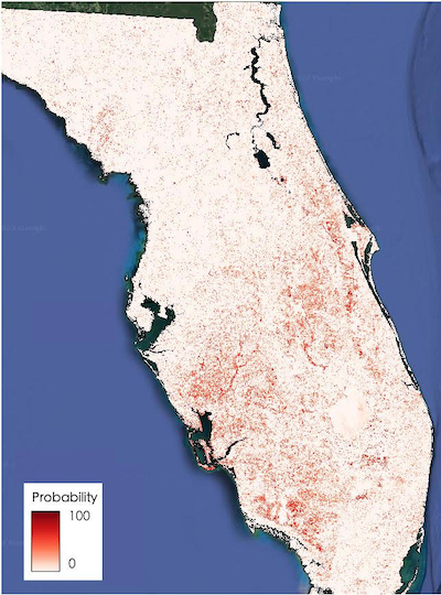 Satellite images and artificial intelligence reveal Hurricane Ian’s widespread damage. The dark areas have a high probability of damage. <a href="https://gers.users.earthengine.app/view/nrt-conus" rel="nofollow noopener" target="_blank" data-ylk="slk:Su Ye;elm:context_link;itc:0;sec:content-canvas" class="link ">Su Ye</a>