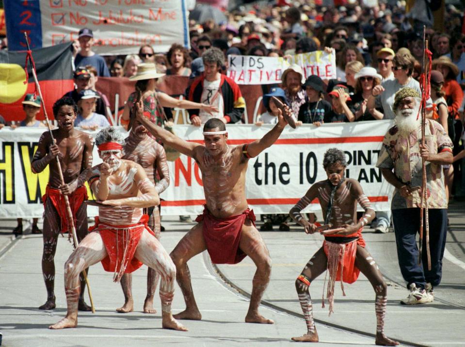 A group of Aboriginal land rights protesters on the street in 1998.