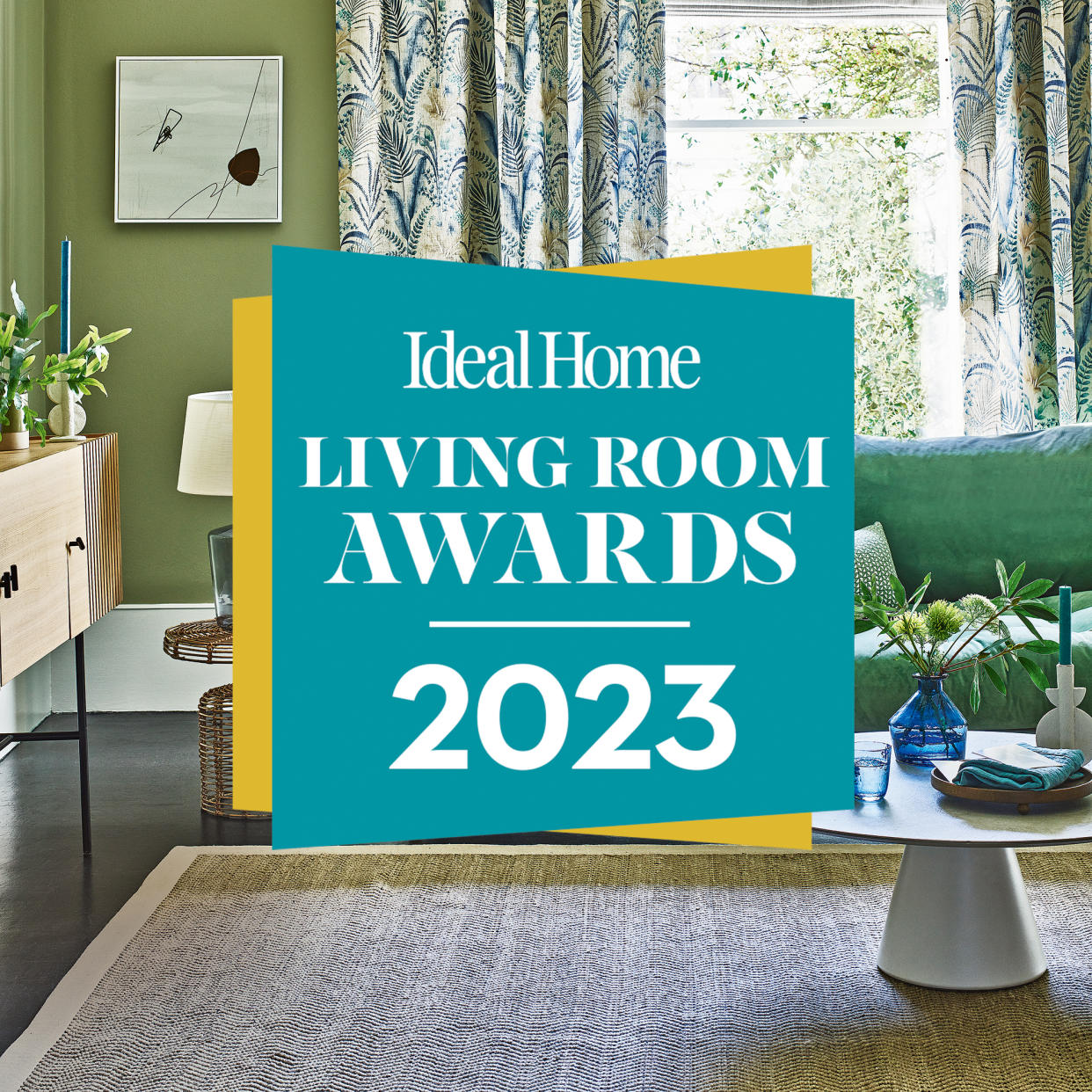  Green living room with Ideal Home living room awards 2023 badge 