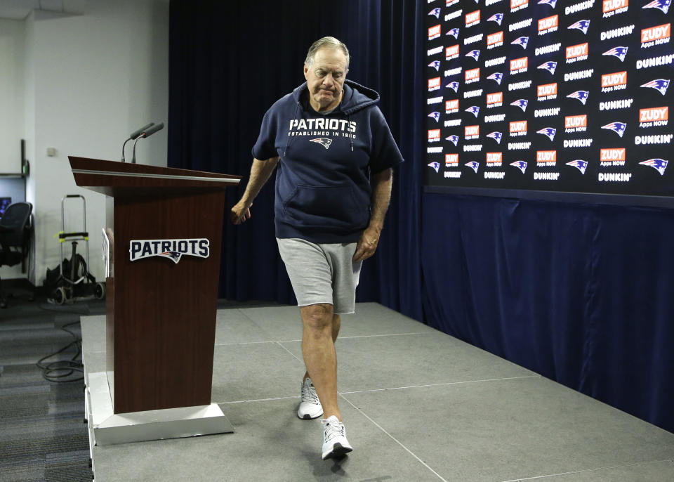 New England Patriots coach Bill Belichick steps away from the podium after taking questions from reporters last year. (AP Photo/Steven Senne)