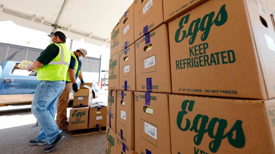 PHOTO: In this Aug. 7, 2020 file photo, cases of eggs from Cal-Maine Foods, Inc. await to be handed out by the Mississippi Department of Agriculture and Commerce employees at the Mississippi State Fairgrounds in Jackson, Miss. (Rogelio V. Solis/AP, FILE)