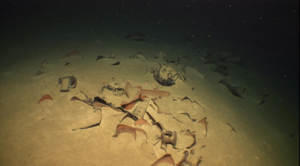 Broken ancient pottery from the wreck of a 3rd century AD Roman-era ship found 1.2 kilometers deep off the western coast of Greece is seen in this undated photo issued by Greek Culture Ministry on Tuesday, May 29, 2012. Greece's culture ministry says an undersea survey ahead of the sinking of a Greek-Italian gas pipe has discovered the deepest-known shipwrecks in the Mediterranean. A ministry statement Tuesday said the two Roman-era wrecks found far offshore also disprove the generally accepted theory that ancient shipmasters stuck to coastal waters rather than risking open-sea routes. (AP Photo/Greek Culture Ministry)