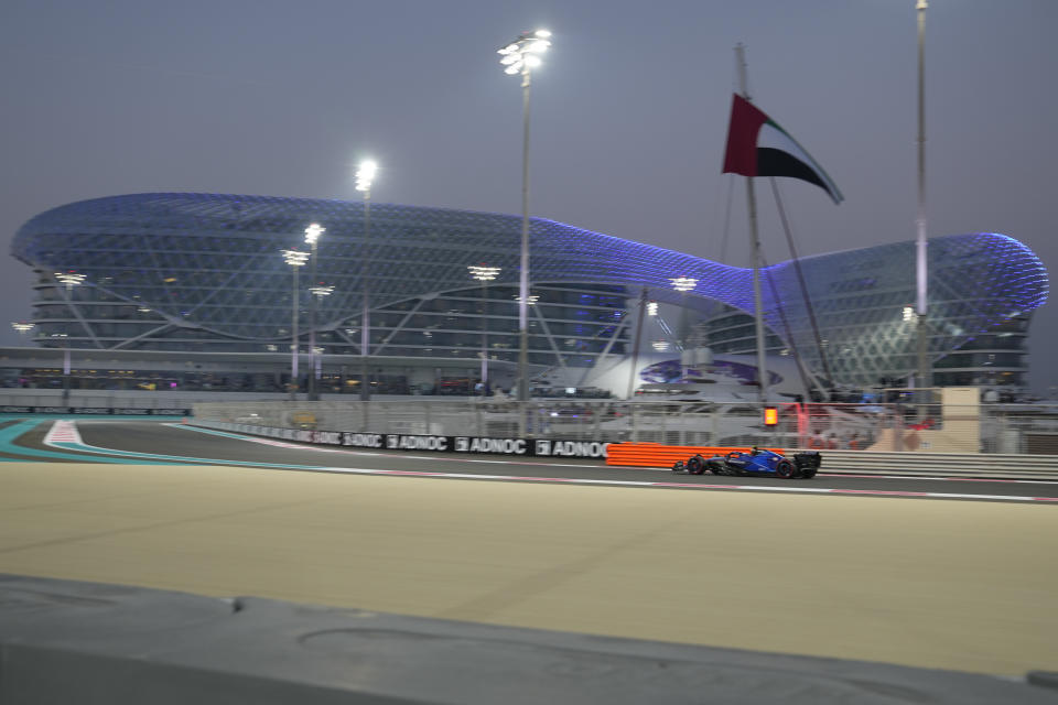 Williams driver Logan Sargeant of the US steers his car during the second practice ahead of the Abu Dhabi Formula One Grand Prix at the Yas Marina Circuit, Abu Dhabi, UAE, Friday, Nov. 24, 2023. (AP Photo/Kamran Jebreili)
