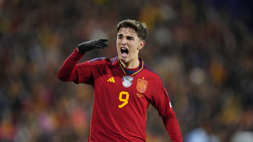 Spain's Gavi reacts during the Euro 2024 group A qualifying soccer match between Spain and Georgia at Jose Zorrilla Stadium in Valladolid, Spain, Sunday, Nov. 19, 2023