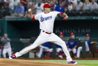 Texas Rangers starting pitcher Kyle Gibson throws during the first inning of a baseball game against the Oakland Athletics, Monday, June 21, 2021, in Arlington, Texas. (AP Photo/Sam Hodde)