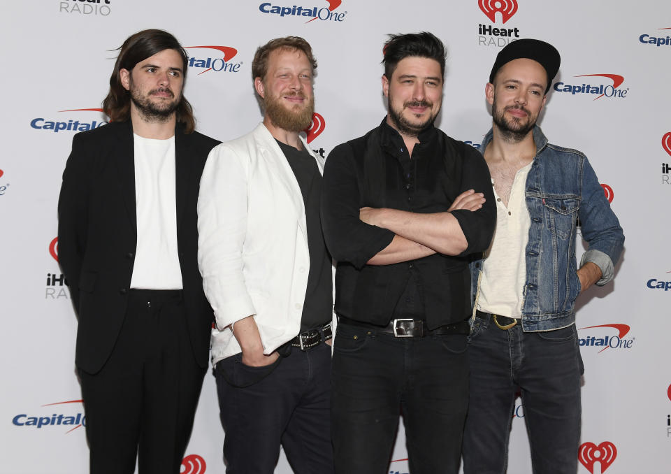 (L-R) Winston Marshall, Ted Dwane, Marcus Mumford, and Ben Lovett of Mumford & Sons attend the 2019 iHeartRadio Music Festival at T-Mobile Arena on September 21, 2019 in Las Vegas, Nevada. (Photo by Bryan Steffy/Getty Images)