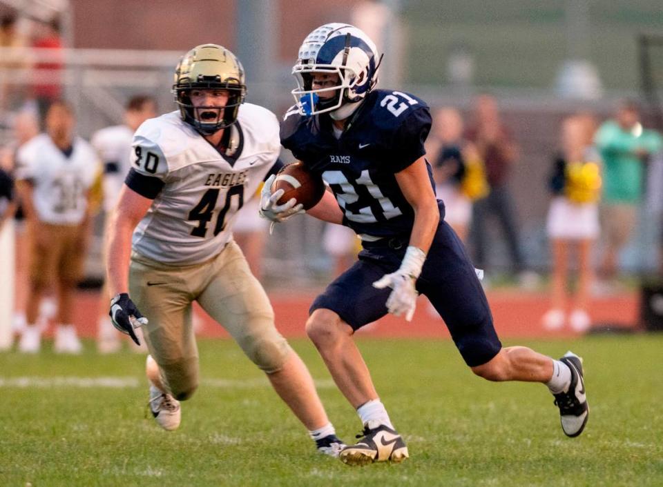 Penns Valley’s Ty Watson cuts down the field with the ball during the first half of the game against Bald Eagle Area on Friday, Sept. 8, 2023.