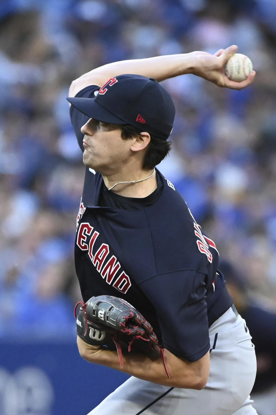 Cleveland Guardians starting pitcher Cal Quantrill throws to a Toronto Blue Jays batter during the first inning of a baseball game Friday, Aug. 12, 2022, in Toronto. (Jon Blacker/The Canadian Press via AP)