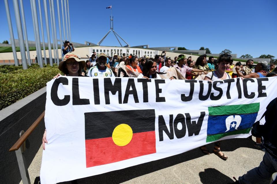 Torres Strait Islander people and non-Indigenous allies occupy the foyer of Canberra’s Parliament House in February 2019 (Tracey Nearmy/Getty Images)