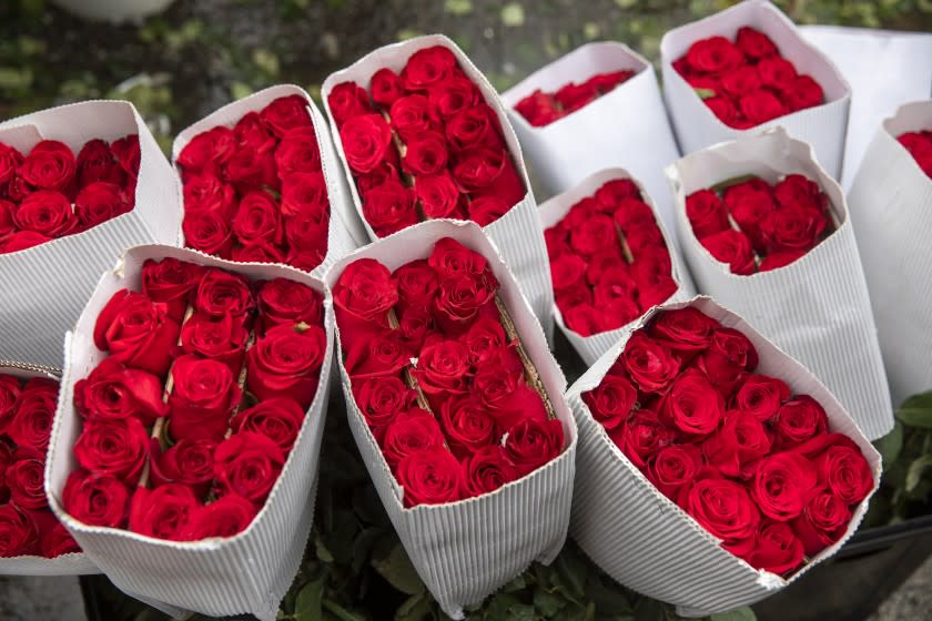 LOS ANGELES, CA - MAY 07, 2021: Red roses are for sale on San Julian St. in the flower district section of downtown Los Angeles. Florists warn of flower shortage ahead of Mother's Day (Mel Melcon / Los Angeles Times)