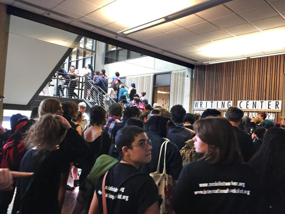 Hundreds of students at Evergreen State College in Olympia, Wash., protest against the college administration and demand change on May 24, 2017, after weeks of brewing racial tension on campus. (Photo: Lisa Pemberton/The Olympian via AP)