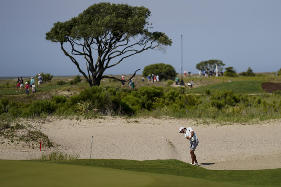 Max Homa hits from the bunker on the second hole during a practice round at the PGA Championship golf tournament on the Ocean Course Tuesday, May 18, 2021, in Kiawah Island, S.C. (AP Photo/David J. Phillip)