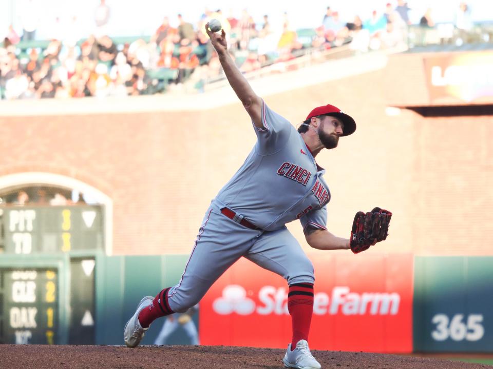 Jun 24, 2022; San Francisco, California, USA; Cincinnati Reds starting pitcher Graham Ashcraft (51) pitches the ball against the San Francisco Giants during the first inning at Oracle Park. Mandatory Credit: Kelley L Cox-USA TODAY Sports