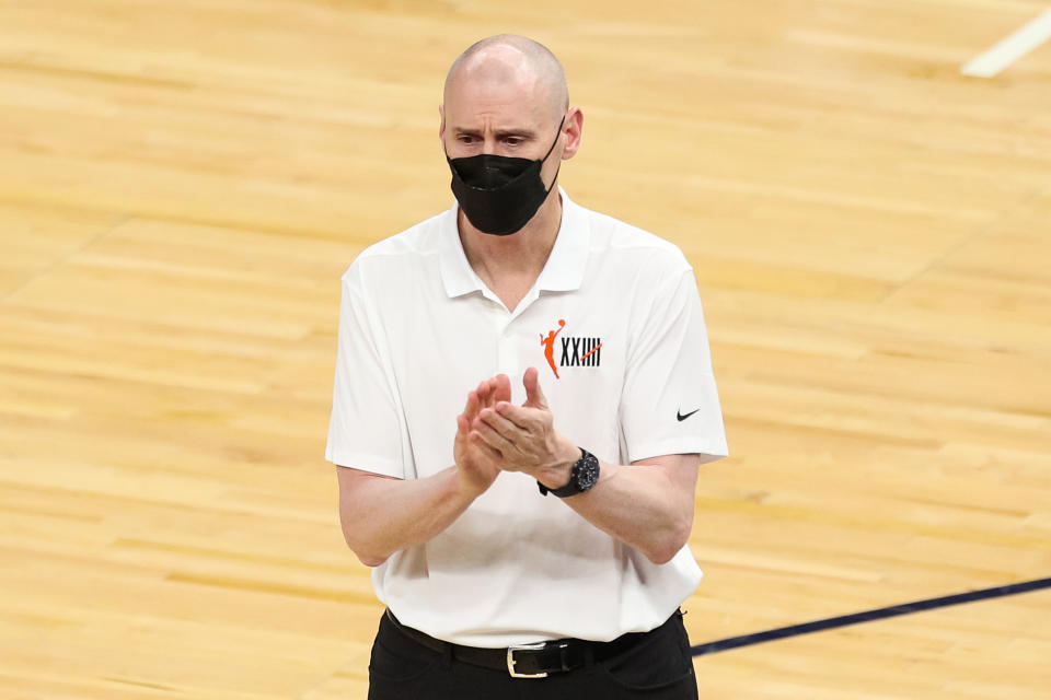 MINNEAPOLIS, MN - MAY 16: Rick Carlisle of the Dallas Mavericks looks on during a timeout in the second quarter of the game against the Minnesota Timberwolves at Target Center on May 16, 2021 in Minneapolis, Minnesota. The Timberwolves defeated the Mavericks 136-121. NOTE TO USER: User expressly acknowledges and agrees that, by downloading and or using this Photograph, user is consenting to the terms and conditions of the Getty Images License Agreement. (Photo by David Berding/Getty Images)