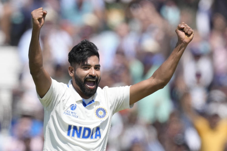 India's Mohammed Siraj celebrates after his teammate India's Axar Patel, who is a substitute ran out Australia's Mitchell Starc on the second day of the ICC World Test Championship Final between India and Australia at The Oval cricket ground in London, Thursday, June 8, 2023. (AP Photo/Kirsty Wigglesworth)