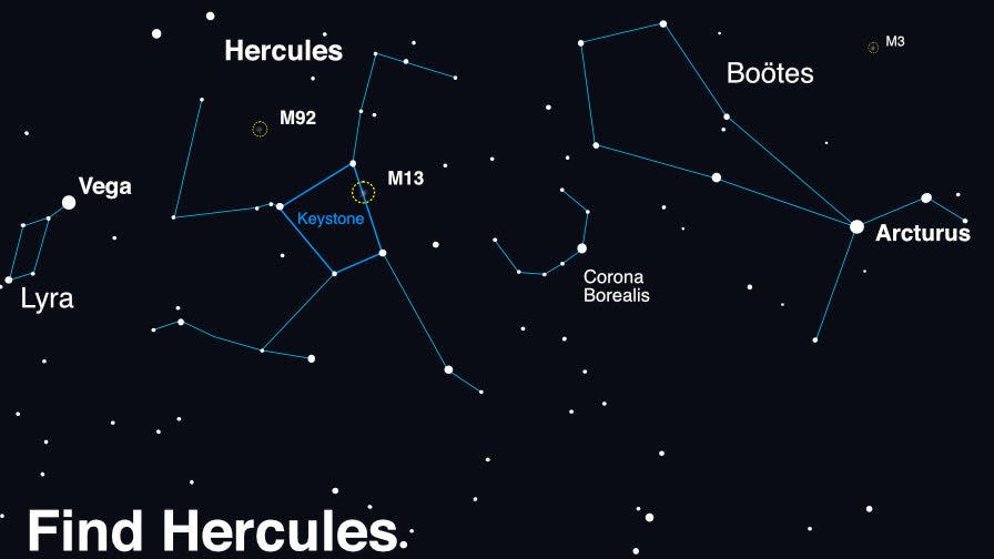 a diagram shows the corona borealis sandwiched between the Hercules constellation and the bright star Acturus.