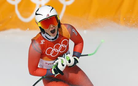 Alpine Skiing - Pyeongchang 2018 Winter Olympics - Women's Downhill - Jeongseon Alpine Centre - Pyeongchang, South Korea - February 21, 2018 - Ragnhild Mowinckel of Norway reacts after her run. REUTERS/Leonhard Foeger