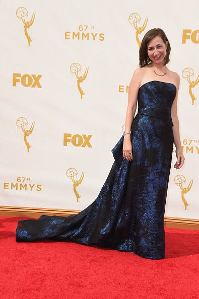 <p>Is that you Kristen Schaal?! The “Last Man on Earth” actress wore her hair in a sleek angular bob and paired it with a strapless navy blue gown with major volume. Keep it up, babe!</p>