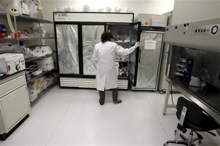 Quality control analyst Patricia Toro retrieves cells from a refrigerator in a Northwest Biotherapeutics laboratory in Memphis, Tennessee, February 21, 2014. REUTERS/Mike Brown