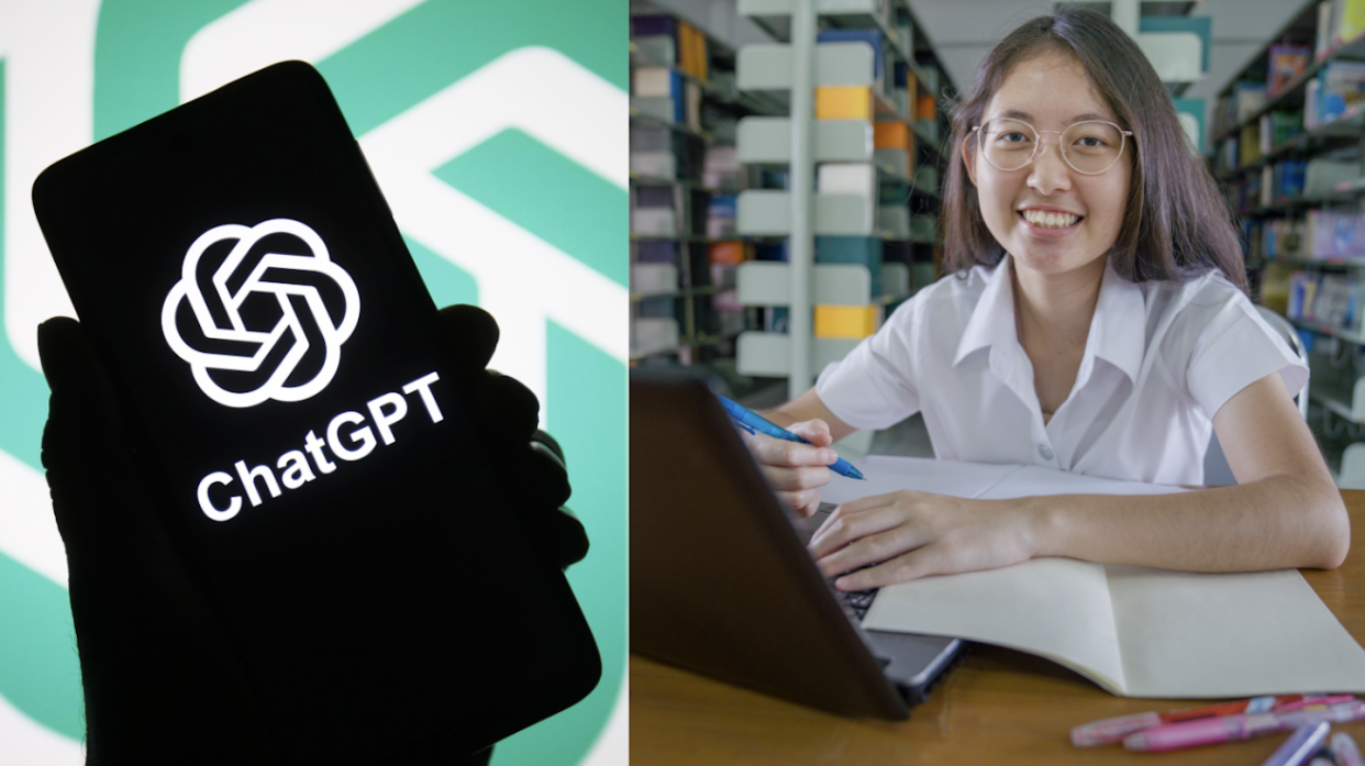 ChatGPT logo on a phone (left) and Asian girl studying with laptop in library (Photos: Getty Images)