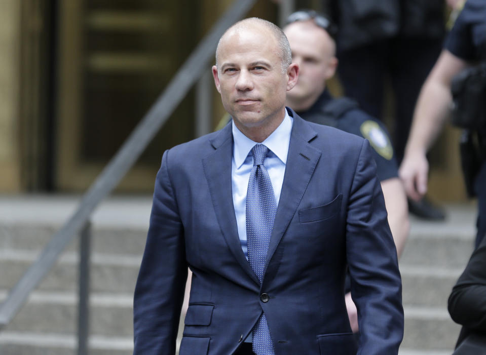 Attorney Michael Avenatti leaves a courthouse in New York, Tuesday, May 28, 2019, after pleading not guilty to charges that he defrauded his most famous client, porn star Stormy Daniels. (AP Photo/Seth Wenig)