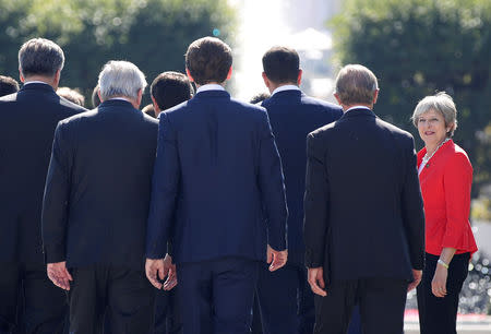 Britain's Prime Minister Theresa May arrives for a family photo during the European Union leaders informal summit in Salzburg, Austria, September 20, 2018. REUTERS/Lisi Niesner