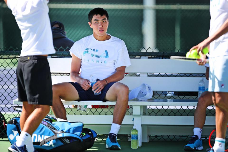 American Brandon Nakashima practices during day two of the BNP Paribas Open at the Indian Wells Tennis Garden in Indian Wells, Calif., on Tuesday, March 7, 2023.