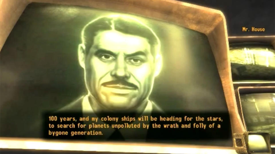 An image of Mr. House explaining his plan to help his people escape to space in Fallout: New Vegas.