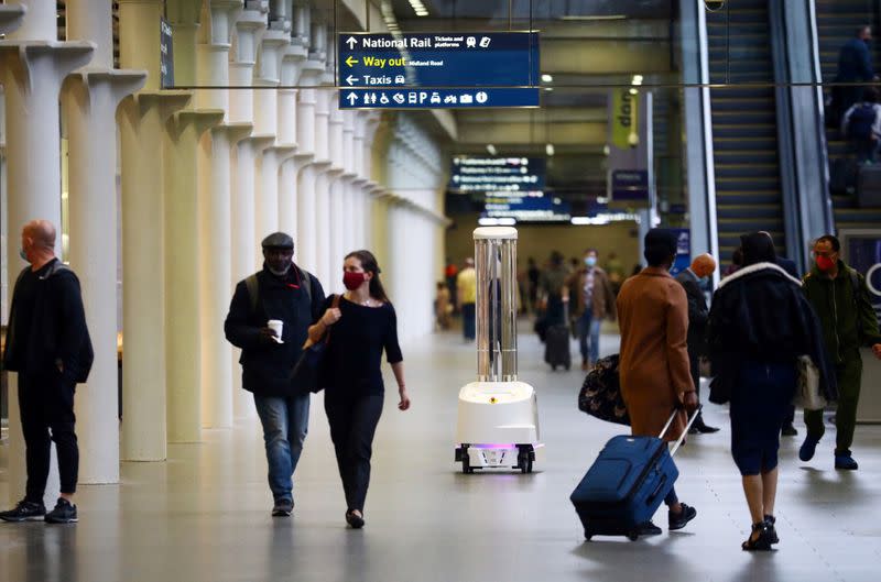 An ultraviolet (UV) robot designed to significantly reduce the risk of hospital acquired infections cleans St Pancras International station in London