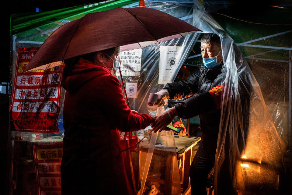 Image: A resident of a small community in China's northeastern Heilongjiang province has their temperature checked before being allowed to enter (AFP - Getty Images)