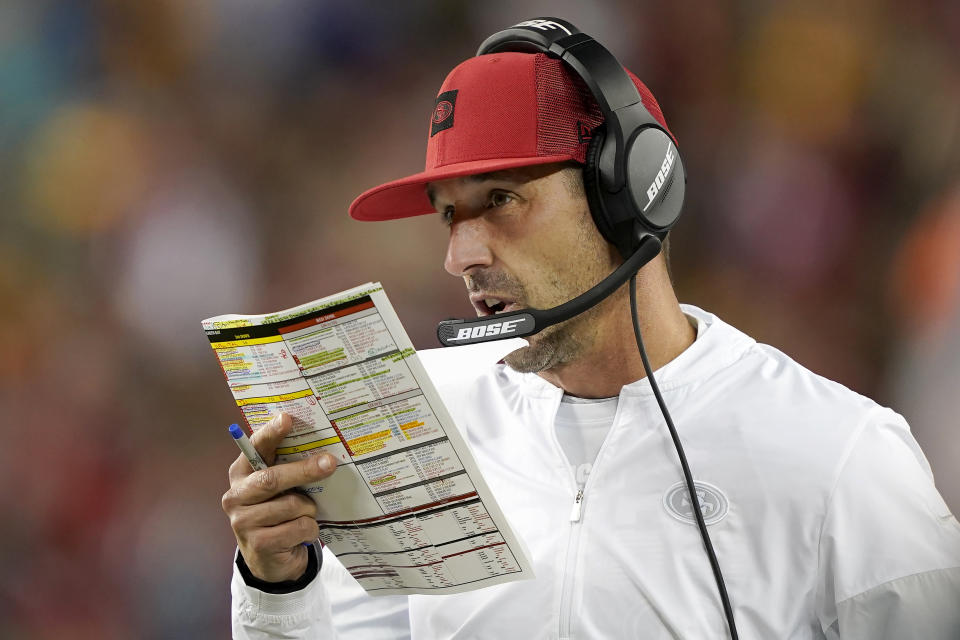 San Francisco 49ers head coach Kyle Shanahan walks on the sideline during the second half of an NFL football game between the 49ers and the Green Bay Packers in Santa Clara, Calif., Sunday, Nov. 24, 2019. (AP Photo/Tony Avelar)