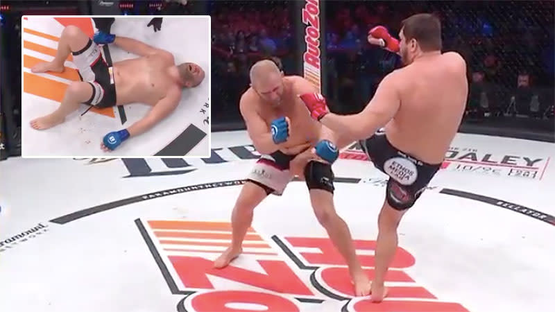 The main event was ruled a no contest after 15 seconds following this low blow. Pic: Bellator