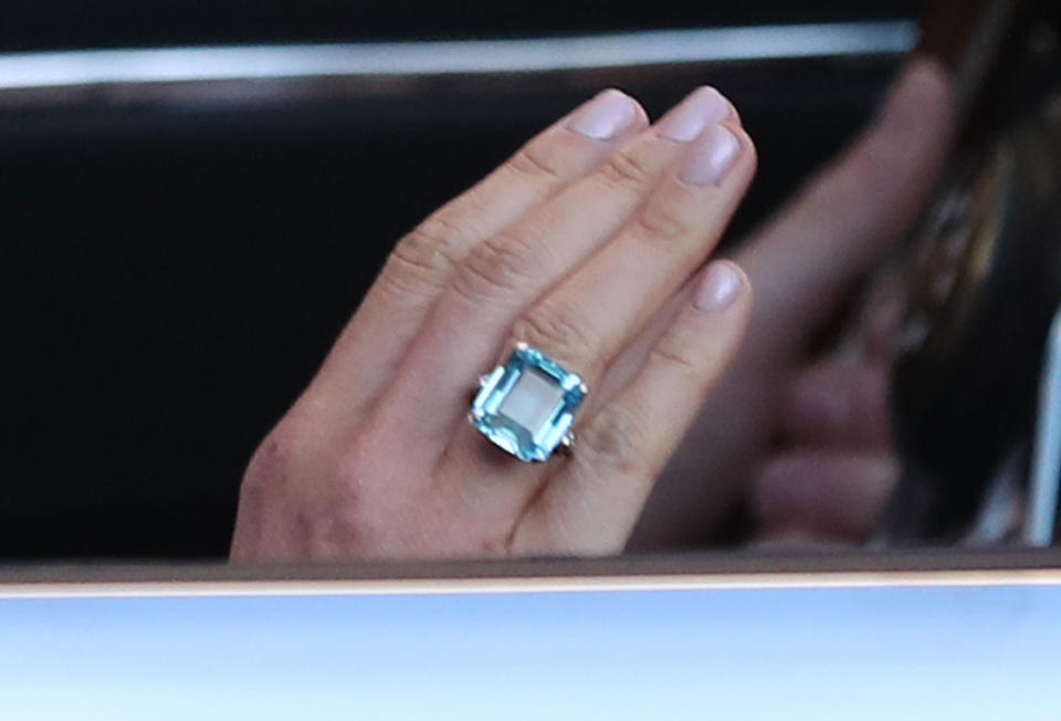 <em>Gift – Meghan was wearing a ring that belonged to Diana, Princess of Wales, believed to be a wedding day gift from Harry (Picture: AP)</em>