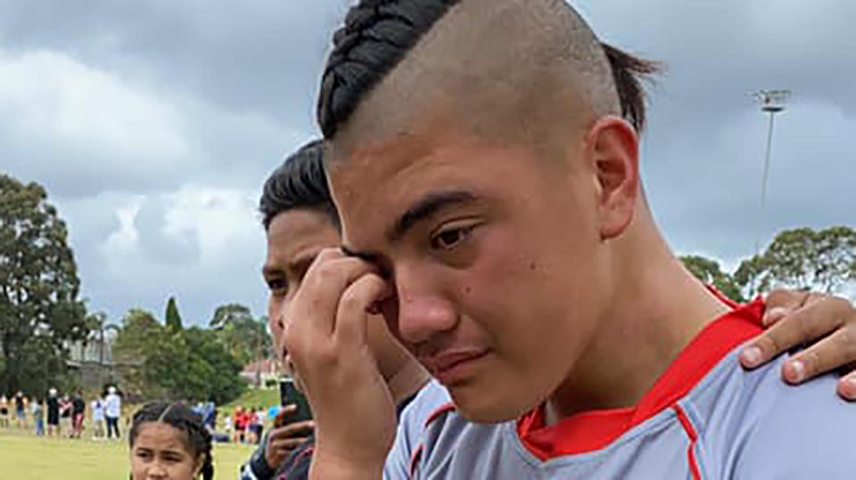 11-year-old rugby player Leonidas Hinekiteao was left in tears after being told he couldn't continue playing in an under 11s tournament he had already participated in for five weeks, because he was too big. Picture: Facebook/Ayla Hinekiteao