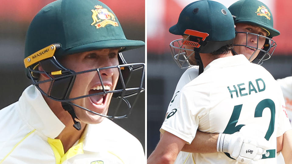 Marnus Labuschagne and Travis Head are pictured celebrating.