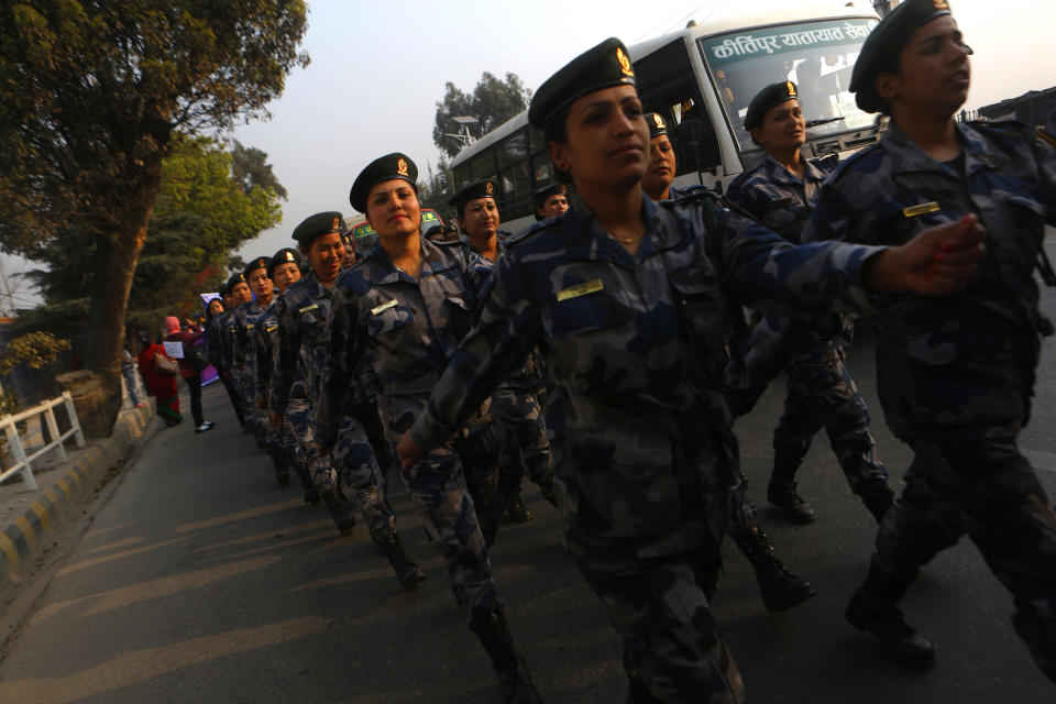 <p>Nepalese police women march during a rally to mark international women’s day in Kathmandu, Nepal, Thursday, March 8, 2018. International Women’s Day is marked on March 8 every year. (Photo: Niranjan Shrestha/AP) </p>