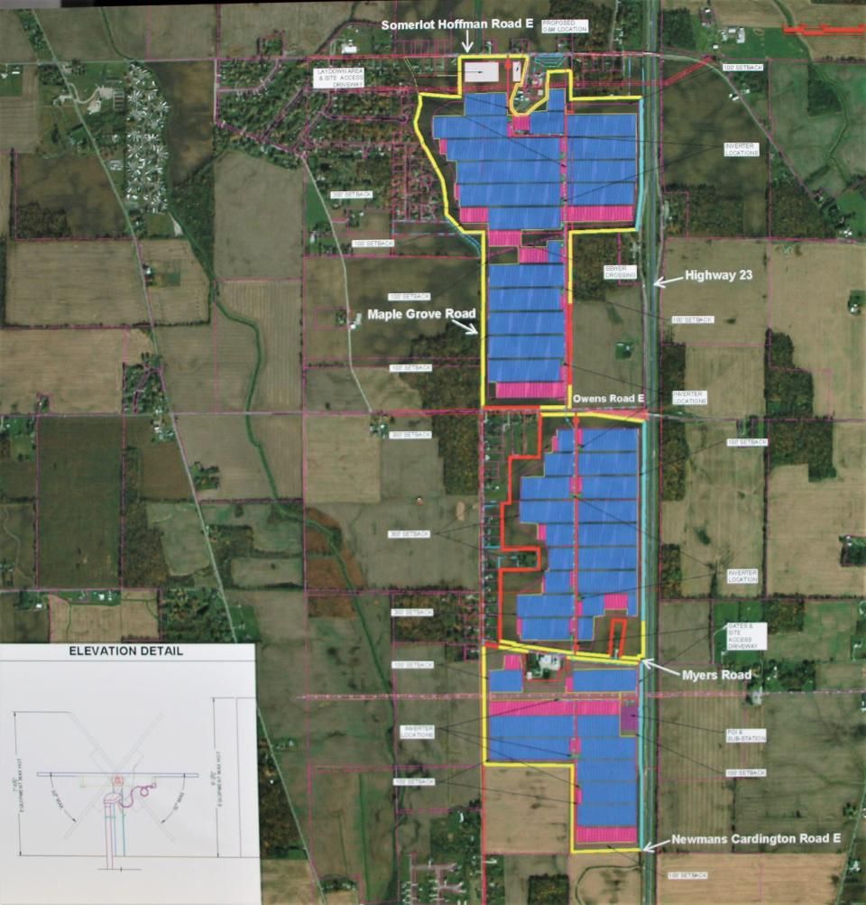 This map shows the area in Pleasant Township where the proposed Chestnut Solar LLC solar energy facility would be located if it is approved by the Ohio Power Siting Board. The yellow line shows the outline of the property where the facility would be located. The blue and pink areas designate where solar panels will be located on the property.