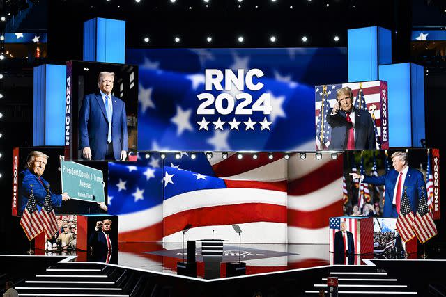 <p>ANDREW CABALLERO-REYNOLDS/AFP via Getty </p> The Republican National Convention stage at Milwaukee's Fiserv Forum, seen after setup on July 14, 2024