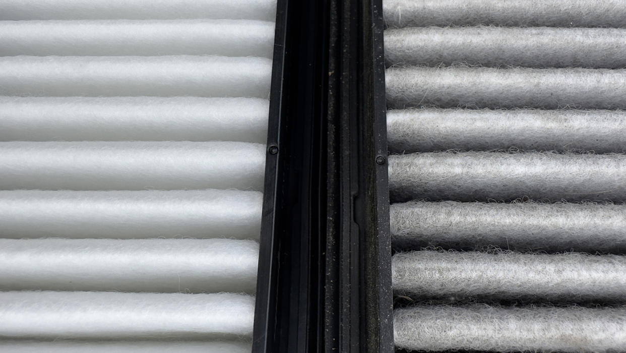 Clean air filter on the left vs. one covered in dust and hair on the right