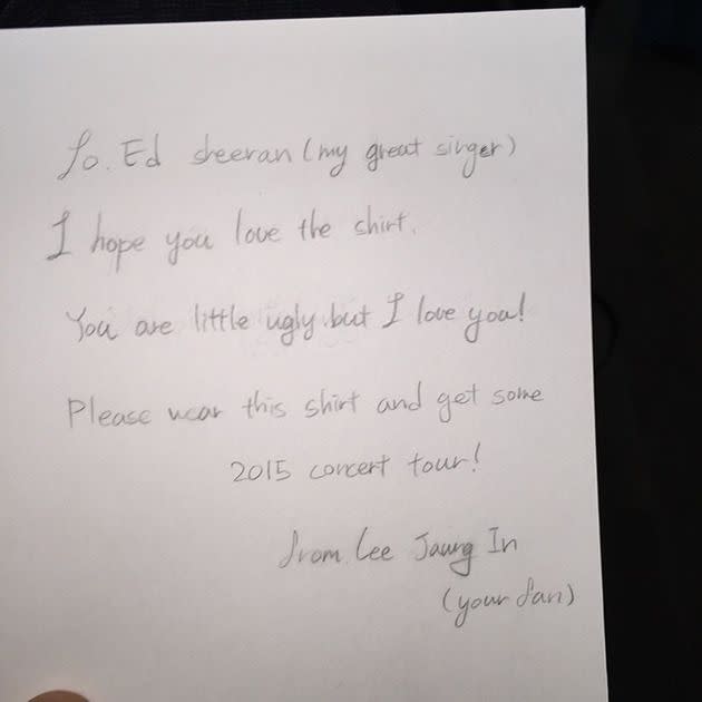 Ed Sheeran shares a bitter-sweet letter from a fan. Photo: Instagram